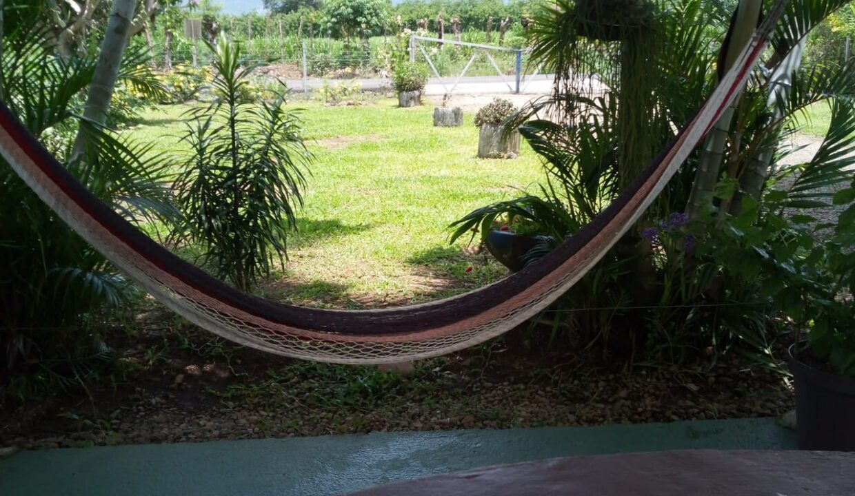 Relaxing garden hammock area with Arenal view in La Fortuna property Tropical Glowlcano hot spring