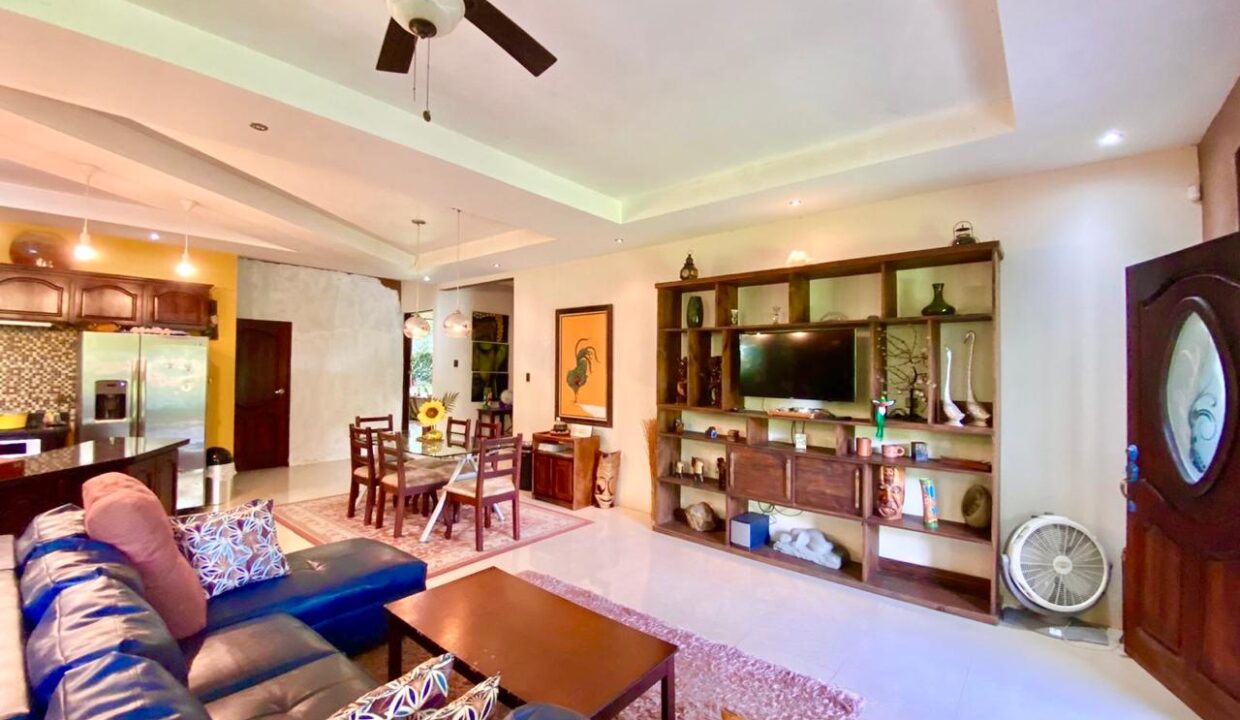 Tropical Glow living space with ceiling fan and entertainment unit