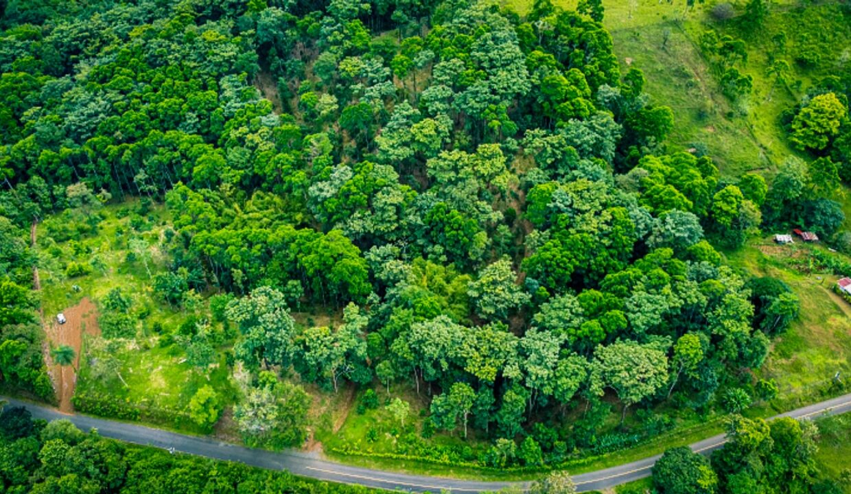Aerial real estate shot in La Fortuna Costa Rica real estate near Arenal Volcano