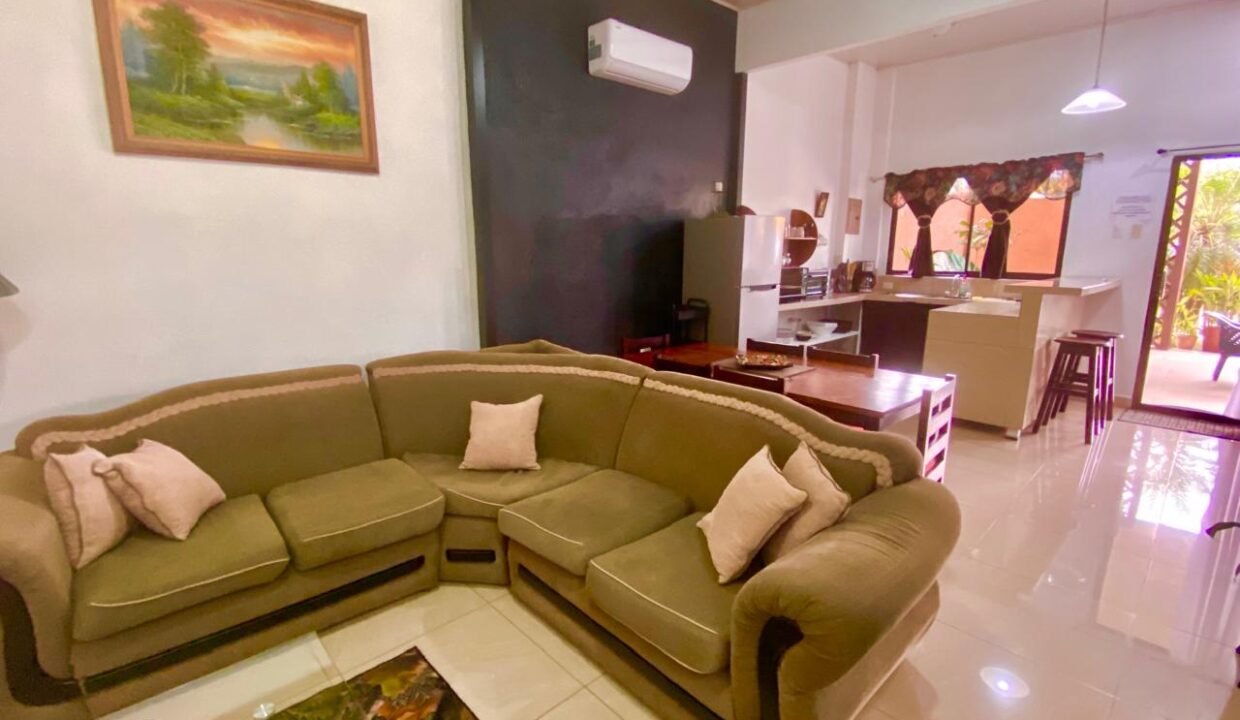 Spacious living area with kitchen and lounge setup in La Fortuna Airbnb unit
