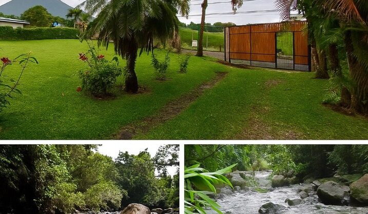 Lush garden property with gated entrance and river access near Arenal Volcano in Costa Rica