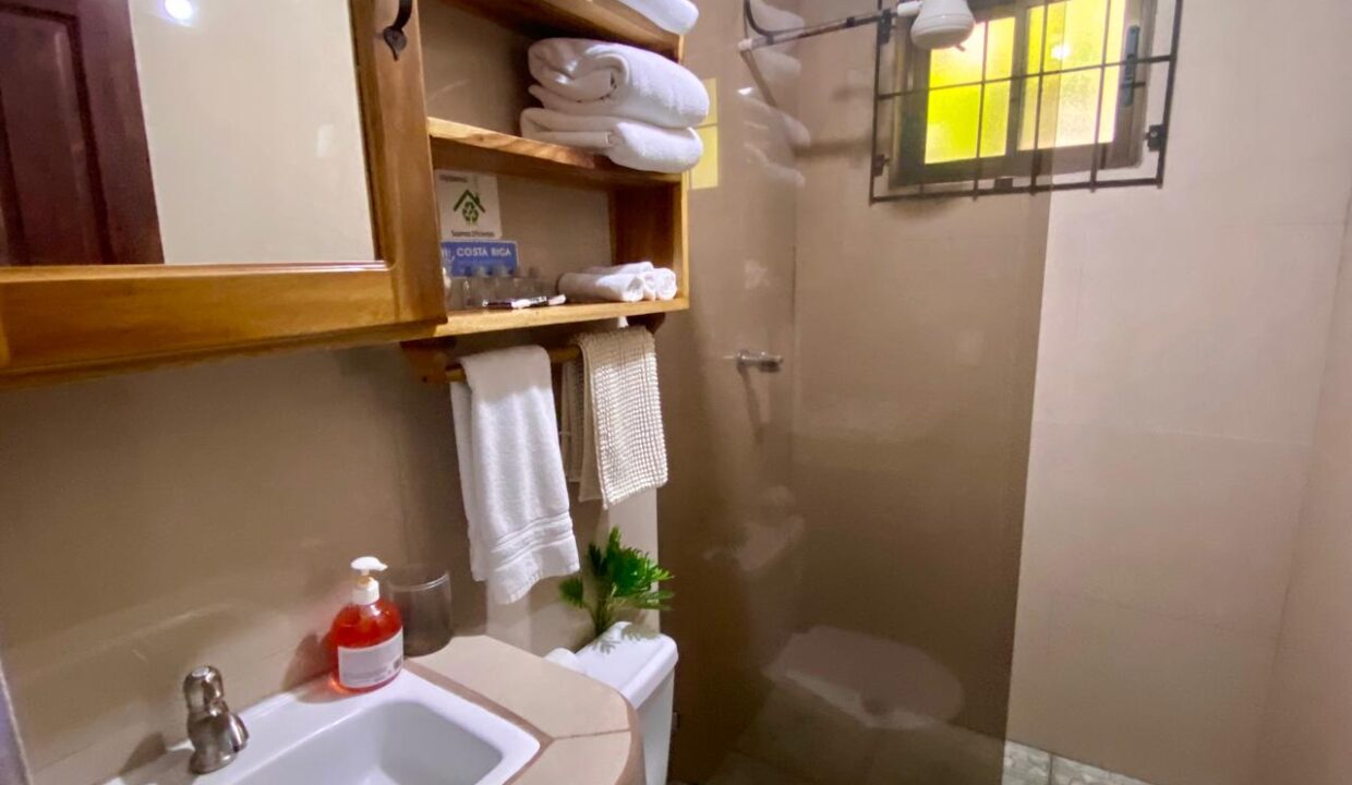 La Fortuna Airbnb Bathroom with Frameless Glass Shower and Wood Shelves