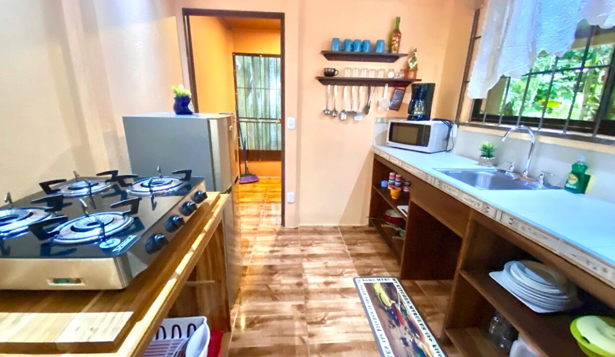 Charming kitchen area with a four-burner gas stove, microwave, coffee maker, and large windows offering lush garden views