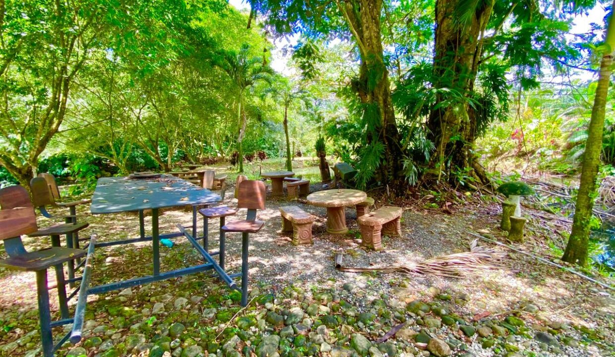 Shaded rest area with rustic stone benches and gravel path beside the pond and trees.