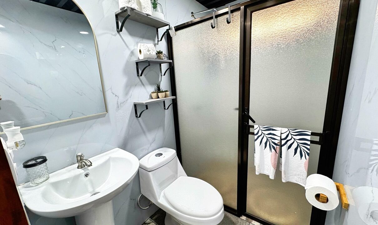 Bathroom design in fully furnished Costa Rica riverfront property. La Fortuna real estate investment near Arenal Volcano and natural hot springs.